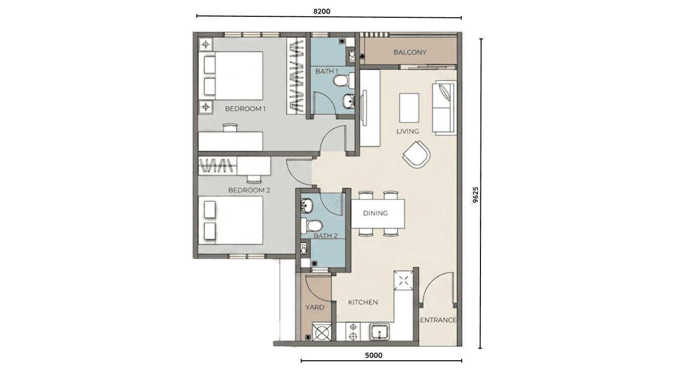 The Iconic by PGB Type B 756 sqft 2 bedroom floor plan