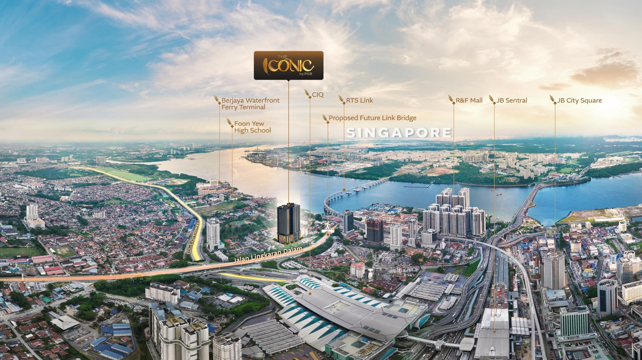 Aerial view showing The Iconic near JB Sentral, CIQ, Bukit Chagar RTS and Singapore