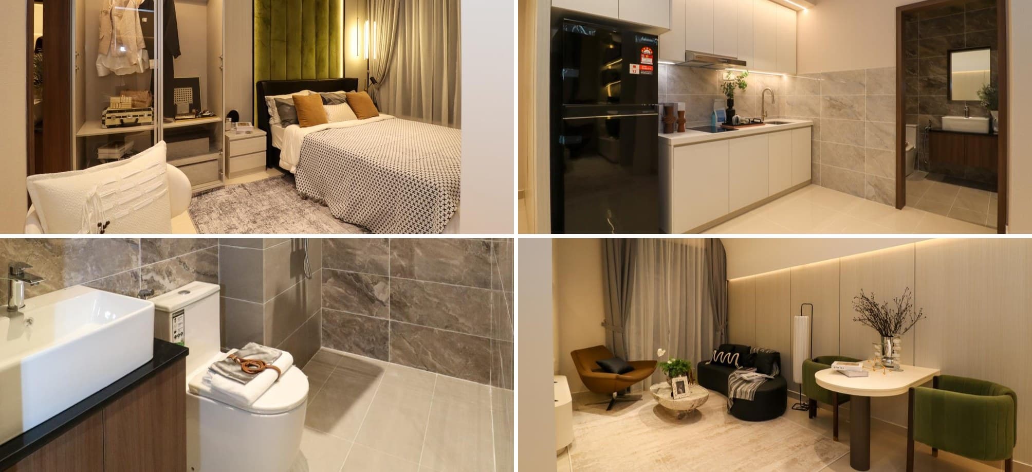 The Iconic Tower A Type A show unit living room, kitchen, bedroom and bathroom