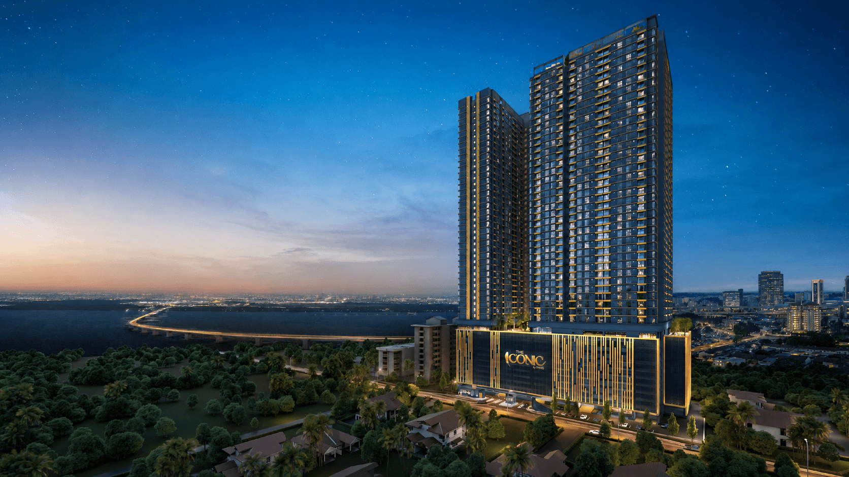 Clean night architectural render of The Iconic by PGB Tower A and proposed Tower B in Johor Bahru