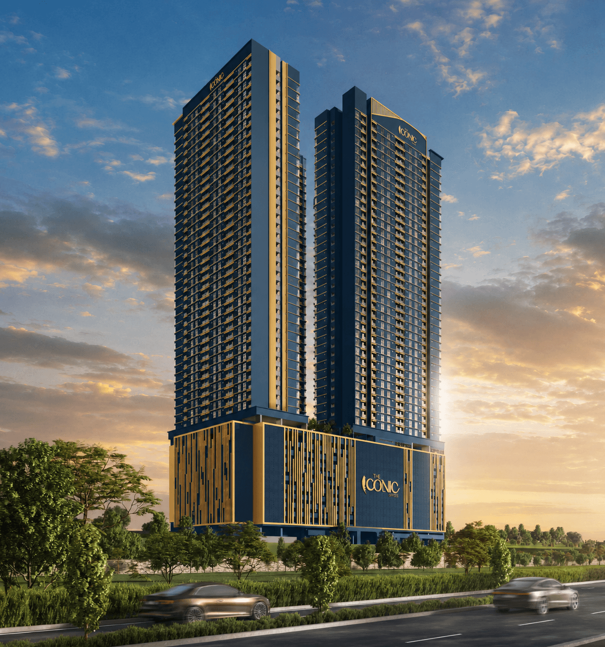 Clean sunset architectural render of The Iconic by PGB twin towers and podium in Johor Bahru