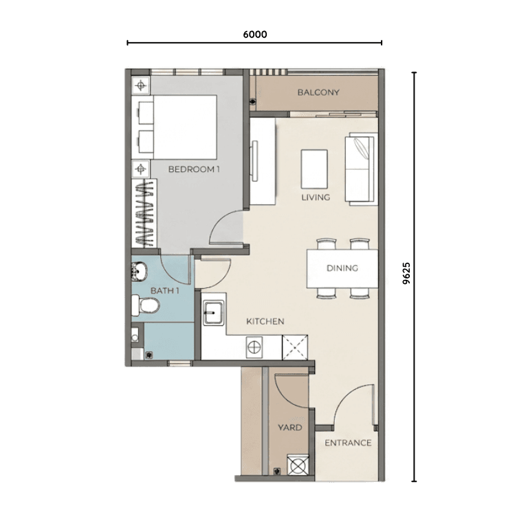 The Iconic by PGB Type A 526 sqft 1 bedroom floor plan