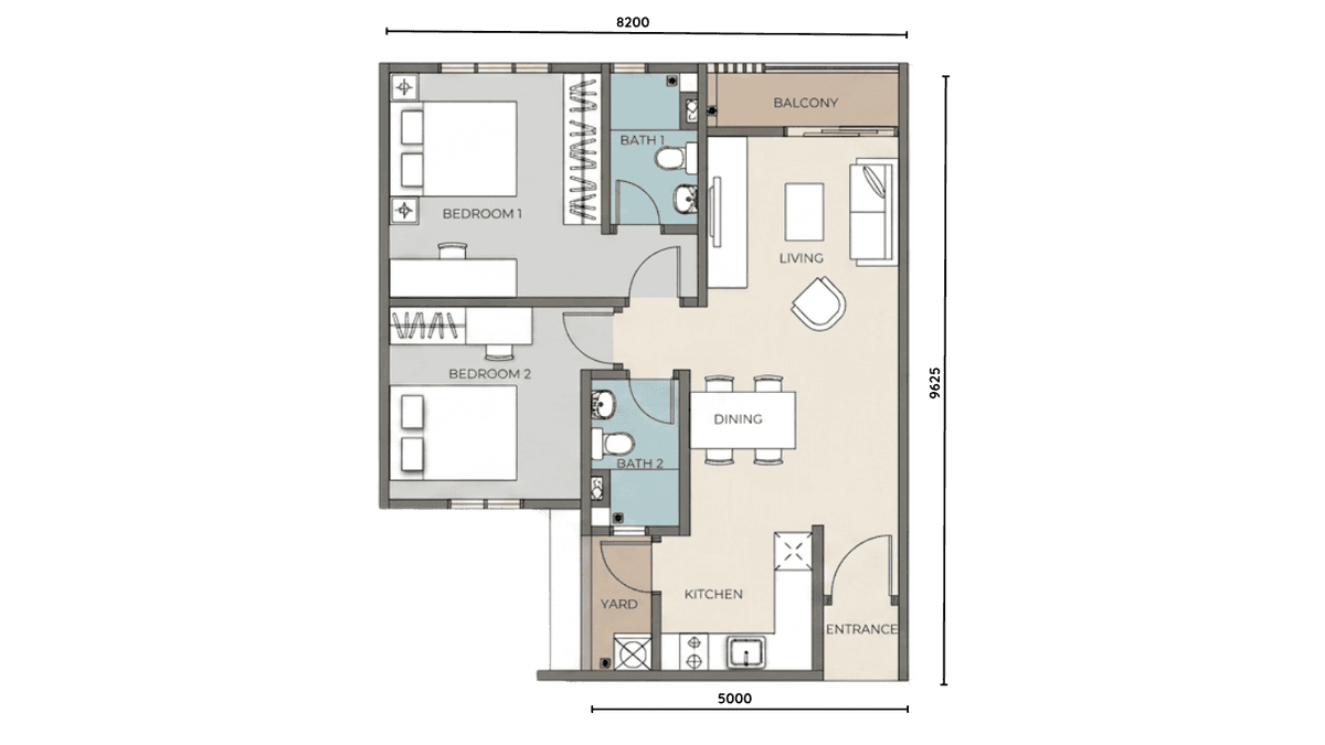 The Iconic by PGB Type B 756 sqft 2 bedroom floor plan