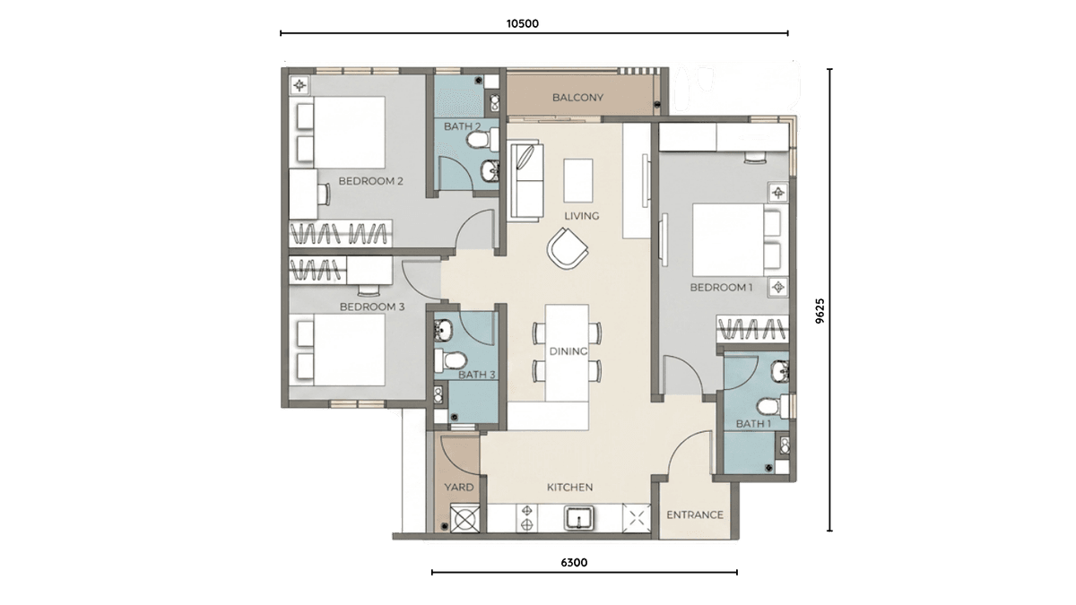 The Iconic by PGB Type C 956 sqft dual-key 3 bedroom floor plan
